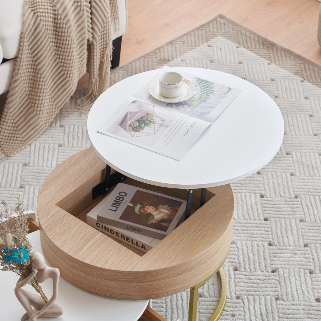 Tavolini da Salotto Impilabili con 2 Cassetti e Piano Sollevabile; Bianco Lucido; in MDF; Bianco; 70×70×42/56;5 cm