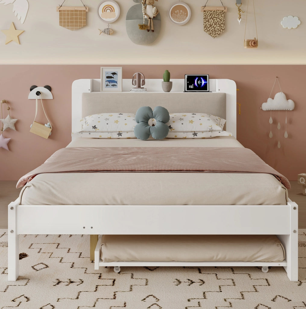 Letto funzionale in legno 120x200 cm con letto estraibile e testiera imbottita