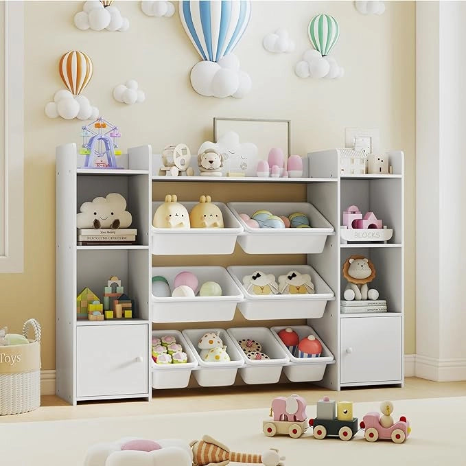Organizer Giocattoli per Bambini, Scaffale di Legno a 4 Livelli con 8 Cestini Removibili, Armadio di Stoccaggio, per Camera dei Bambini Asilo, 142x30x100 cm