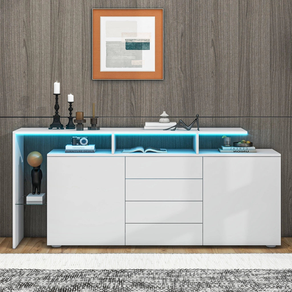 Credenza LED 2 ante 4 cassetti 1 nicchia per soggiorno, bianco, 160 × 35 × 70 cm