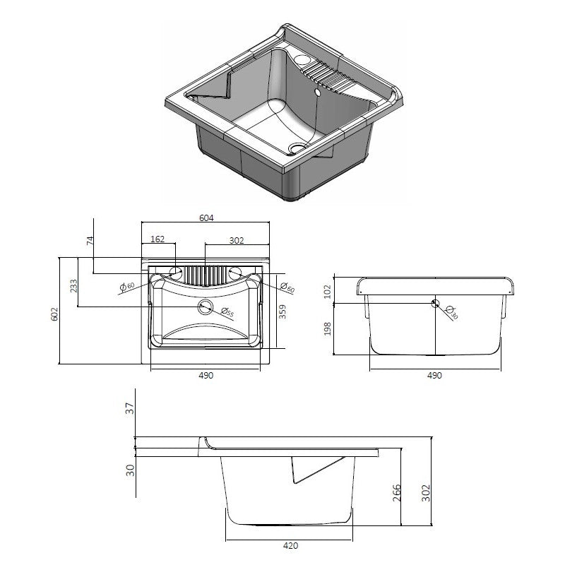 Negrari Lavatoio Lavapanni in Resina, Resistente all'umidità, Vasca resistente agli acidi, Kit di scarico incluso, Interno e Esterno, L60 x P60 x H85 cm, Bianco
