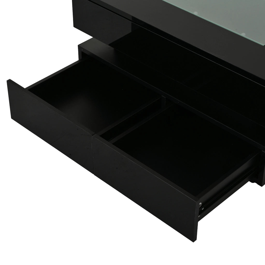 Tavolino da caffè 70x70x35 cm con LED e 3 cassetti; vetro temperato; nero
