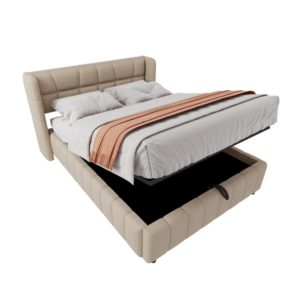 Letto imbottito 140x200 cm con vano contenitore e testiera rivestita beige
