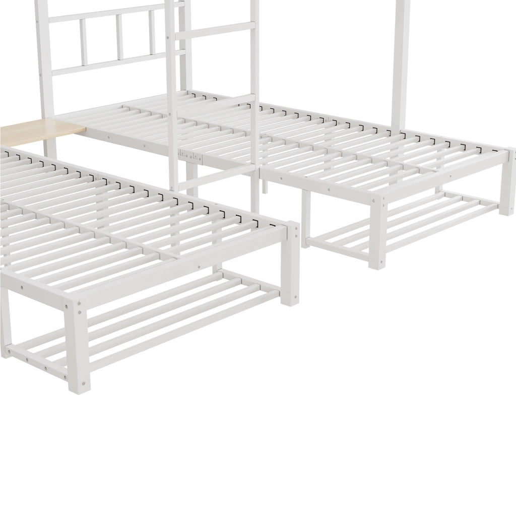 Letto a castello 3 posti 140 × 200 cm e 90 × 200 cm con ripiano aperto e porta scarpe, senza materasso, bianco