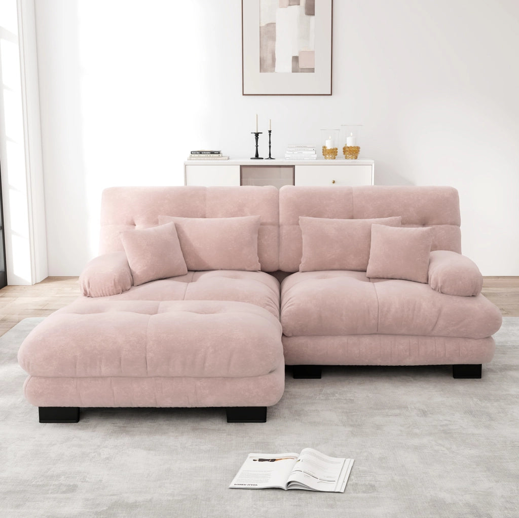 Divano angolare Cloud in chenille rosa con pouf e cuscini lombari per il soggiorno