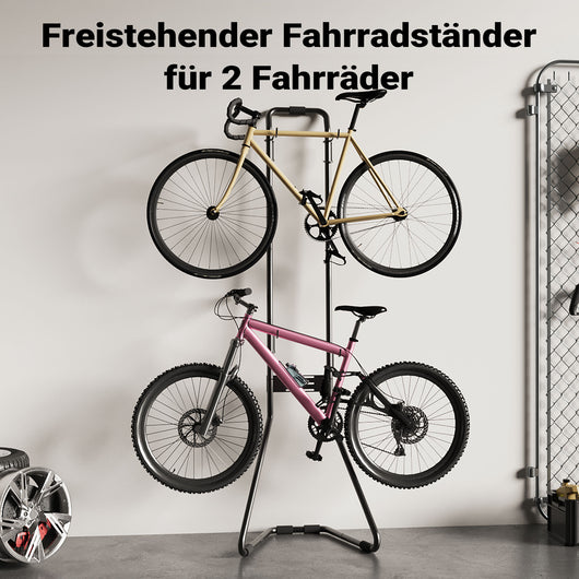Portabici universale per 2 biciclette 66,5 x 55,8 x 219 cm, portabiciclette autoportante, supporto bici regolabile in altezza