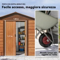 Casetta da Giardino in Acciaio Effetto Legno con Doppie Porte Scorrevoli, 236x196x208 cm, Marrone