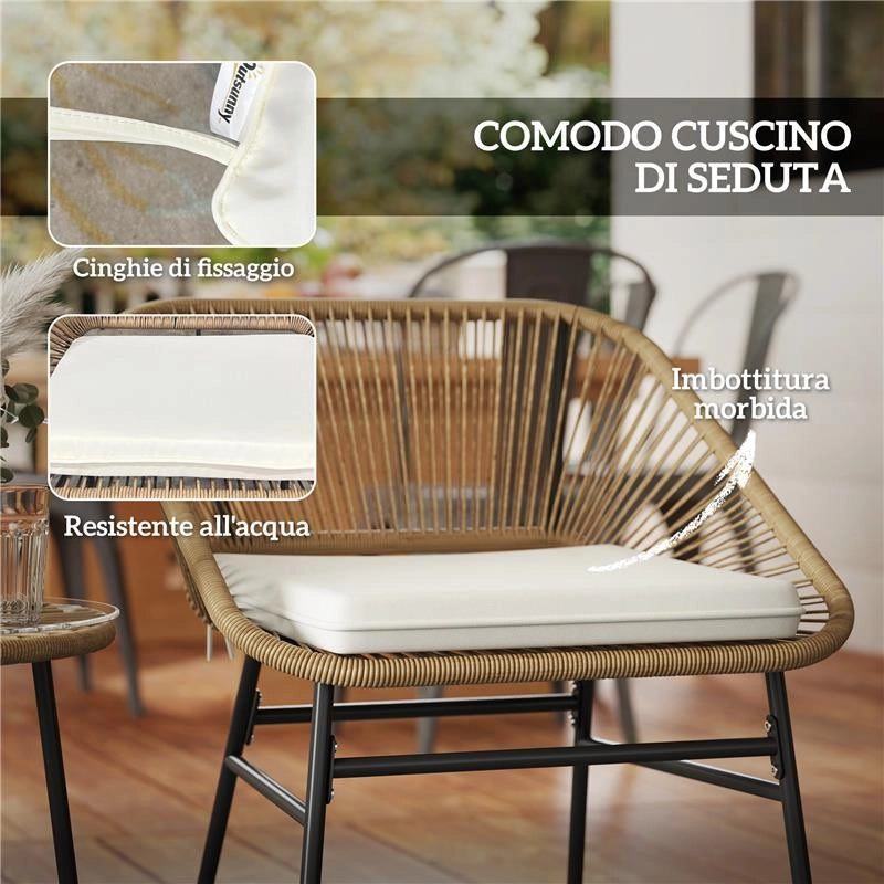 SET DA GIARDINO 3 PEZZI IN RATTAN PE E ACCIAIO CON 2 SEDIE CON CUSCINI E TAVOLINO ROTONDO MULTICOLORE