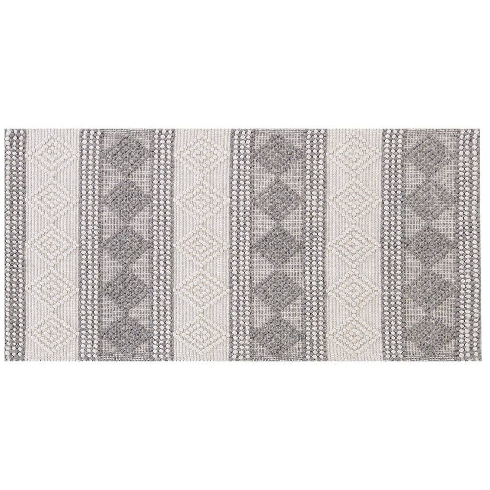 Tappeto in lana beige chiaro e grigio poliestere 80 x 150 cm intrecciato a mano motivo geometrico boho soggiorno camera da letto