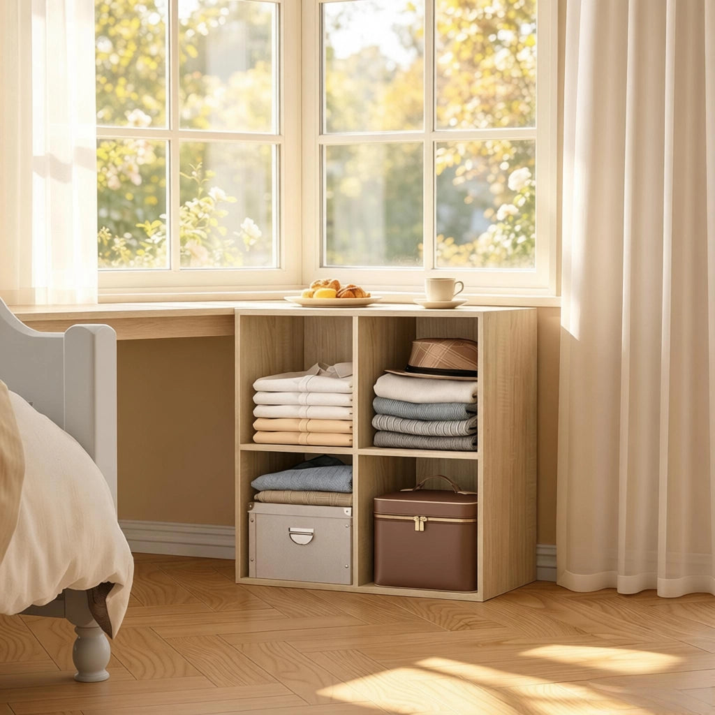 Libreria a cubi 4 ripiani in legno ingegnerizzato, finitura rovere, 59,6 x 59,8 x 29 cm