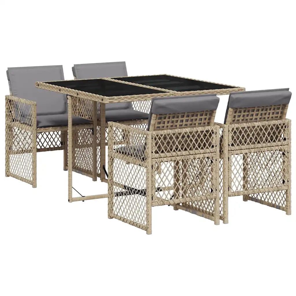 Set da Pranzo da Giardino 5 pz con Cuscini Beige in Polyrattan