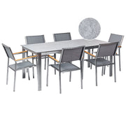 Set da giardino con 6 posti in acciaio inox con tavolo piano in vetro grigio e Sedie in tessuto grigio esterno moderno set elegante