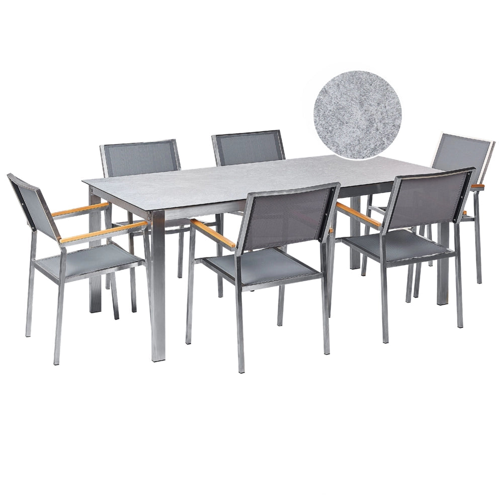 Set da giardino con 6 posti in acciaio inox con tavolo piano in vetro grigio e Sedie in tessuto grigio esterno moderno set elegante