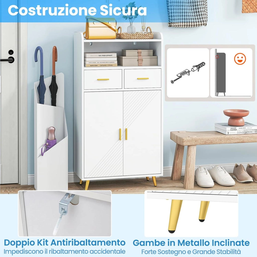 Mobiletto Bagno Salvaspazio 60 x 30 x 113 cm, Credenza Soggiorno con Ante, 2 Cassetti e Ripiano Regolabile, Armadietto da Cucina per Sala da Pranzo e Lavanderia (Bianco)