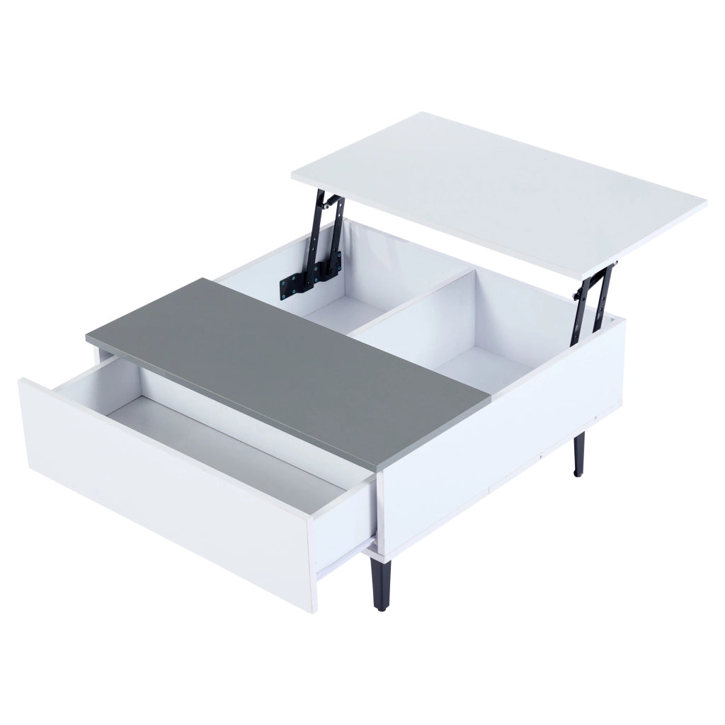 Tavolino alzabile con LED; vani e cassetto - per soggiorno - MDF - 70×70×35 cm - bianco