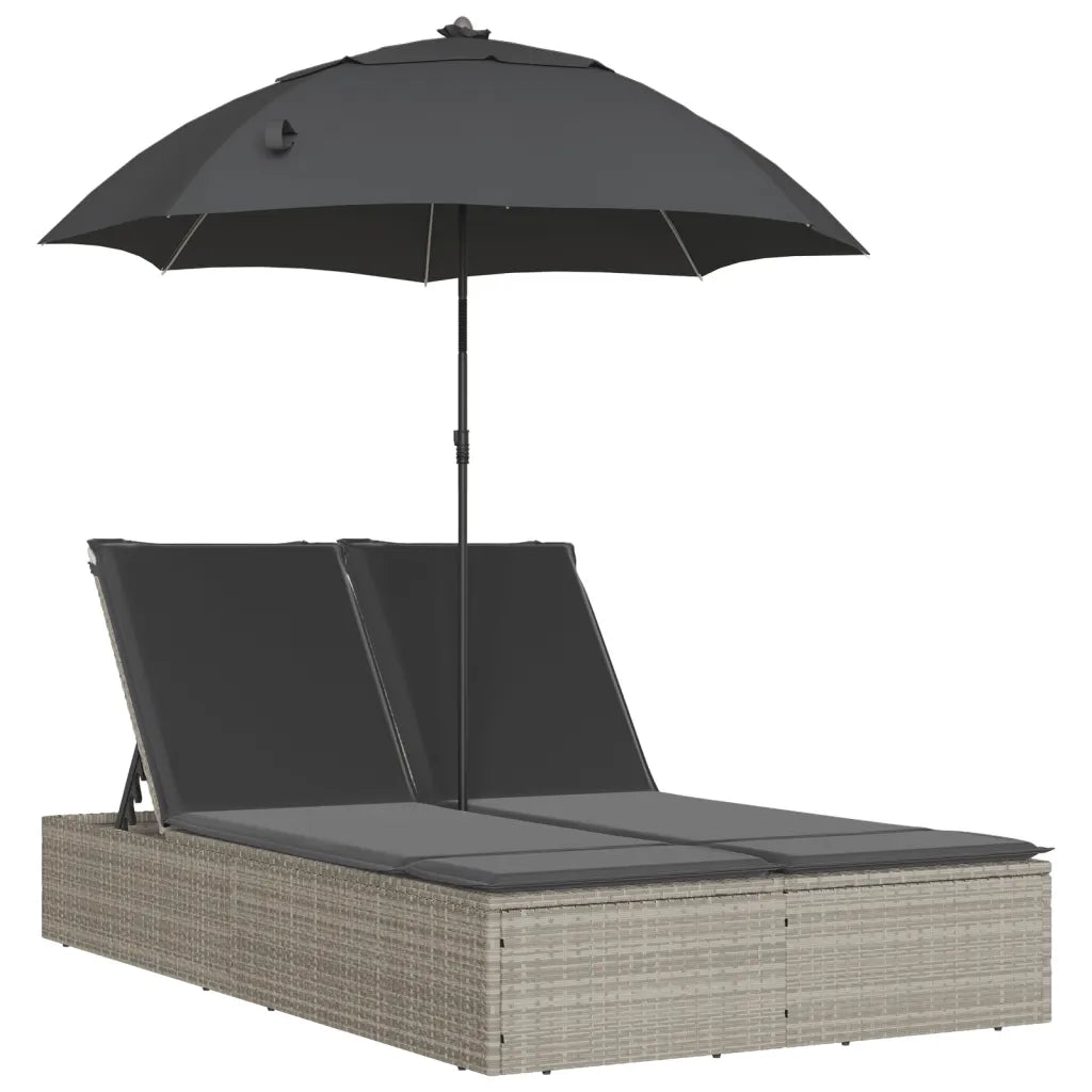 Lettino Prendisole | Sdraio da giardino | Lettino da sole Cuscini e Parasole Grigio Chiaro Polyrattan