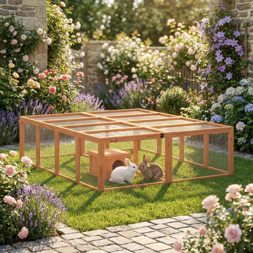 Gabbia per conigli in legno con 2 porte e casetta rifugio ¨C zephmum ¨C 180x150x48 cm arancione