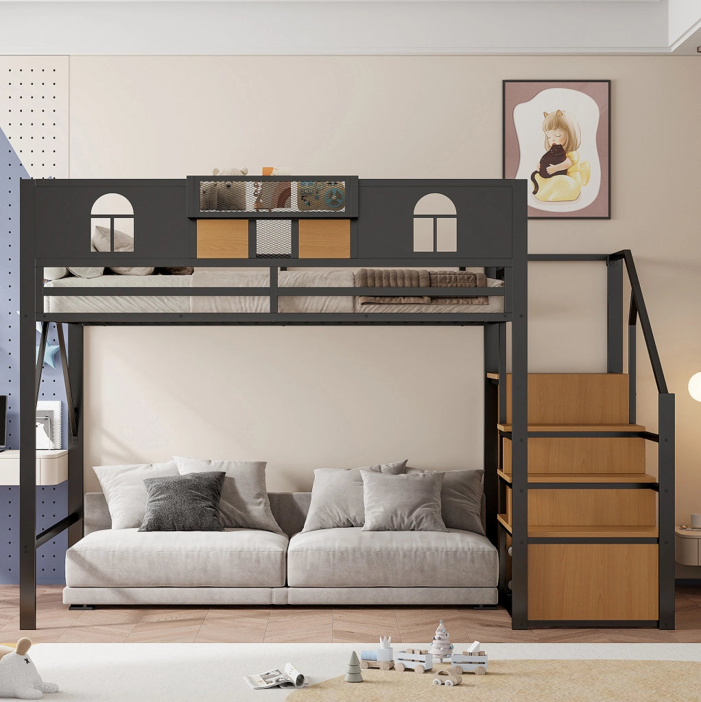 Letto a soppalco in metallo 140x200 cm con scala contenitore