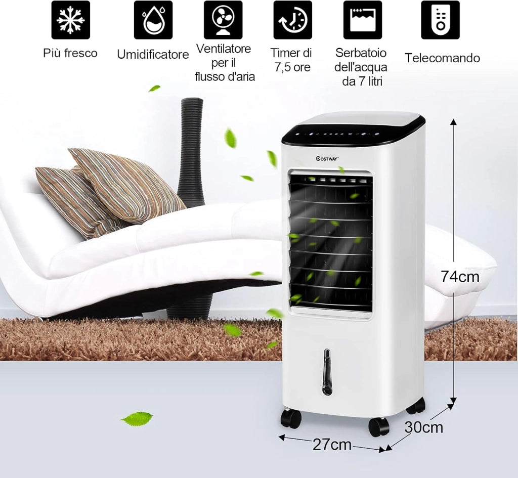 Condizionatore Portatile 4 in 1, Con Raffreddamento, Ventola, Umidificazione, Purificazione, Serbatoio dell’acqua di 7 L, 7,5 H Timer, Con Telecomando e Ruote