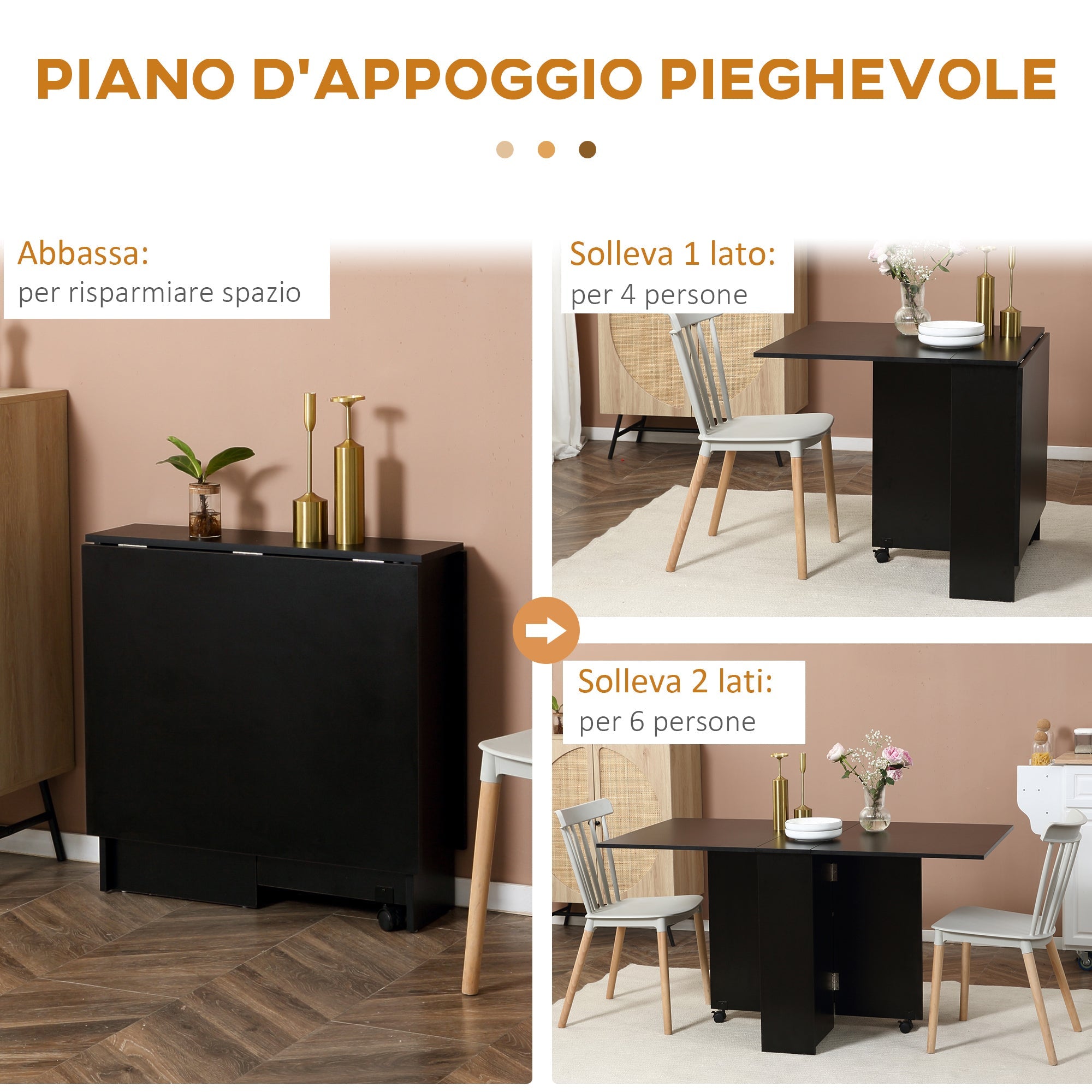 Tavolo Pieghevole Salvaspazio per 4-6 Persone con Ruote 75x140x74 cm in Legno Nero