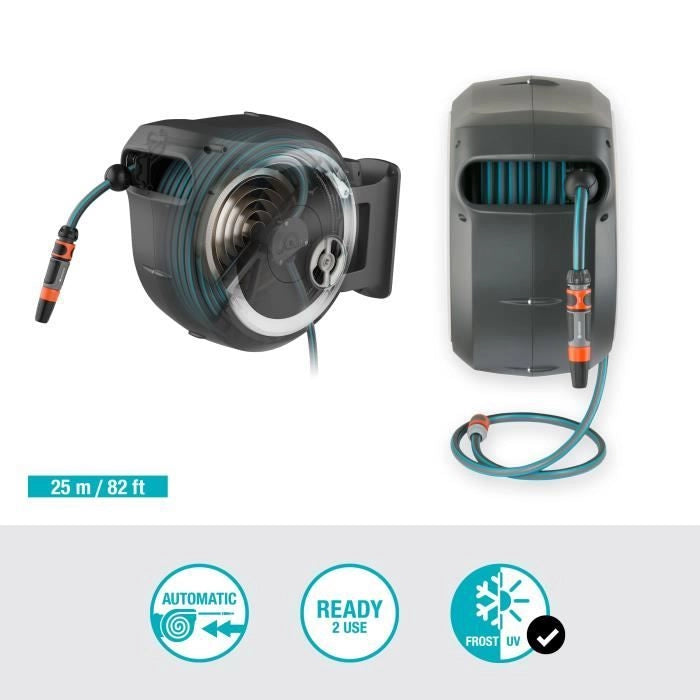 GARDENA Avvolgitubo automatico da parete RollUp M / L 25 m con bordo bianco
