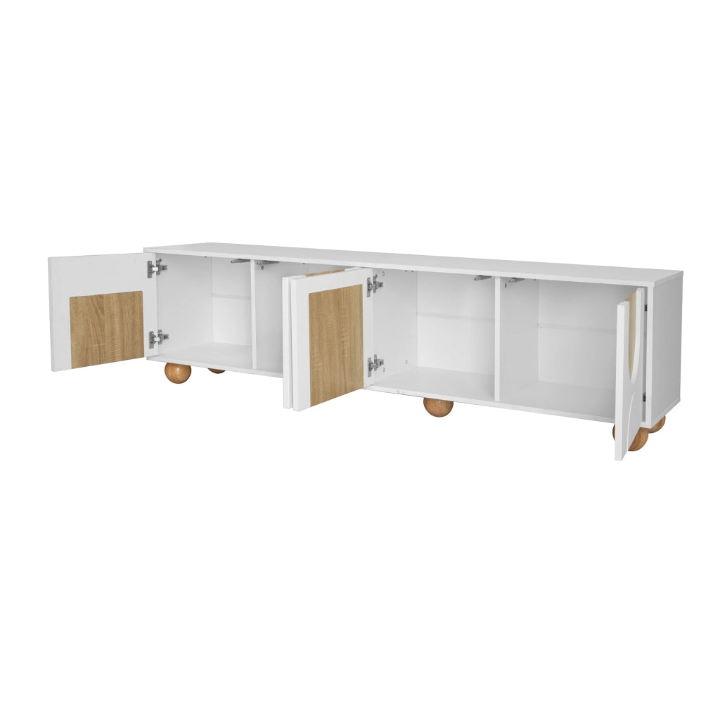Mobile TV 175x38x50 cm con quattro vani; gambe rotonde in legno; MDF; naturale e bianco