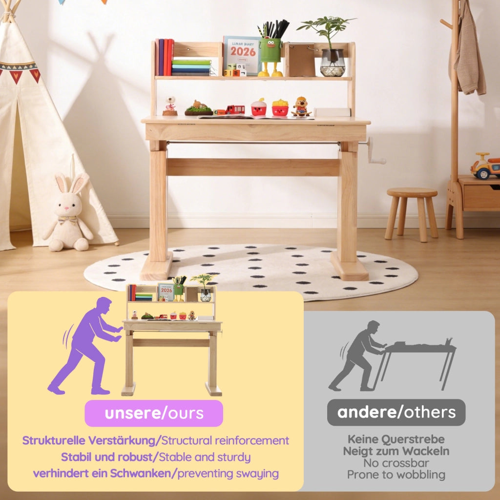 Scrivania per bambini con altezza regolabile e piano inclinabile con vani aperti in legno naturale 92,2 × 60 × 89 cm