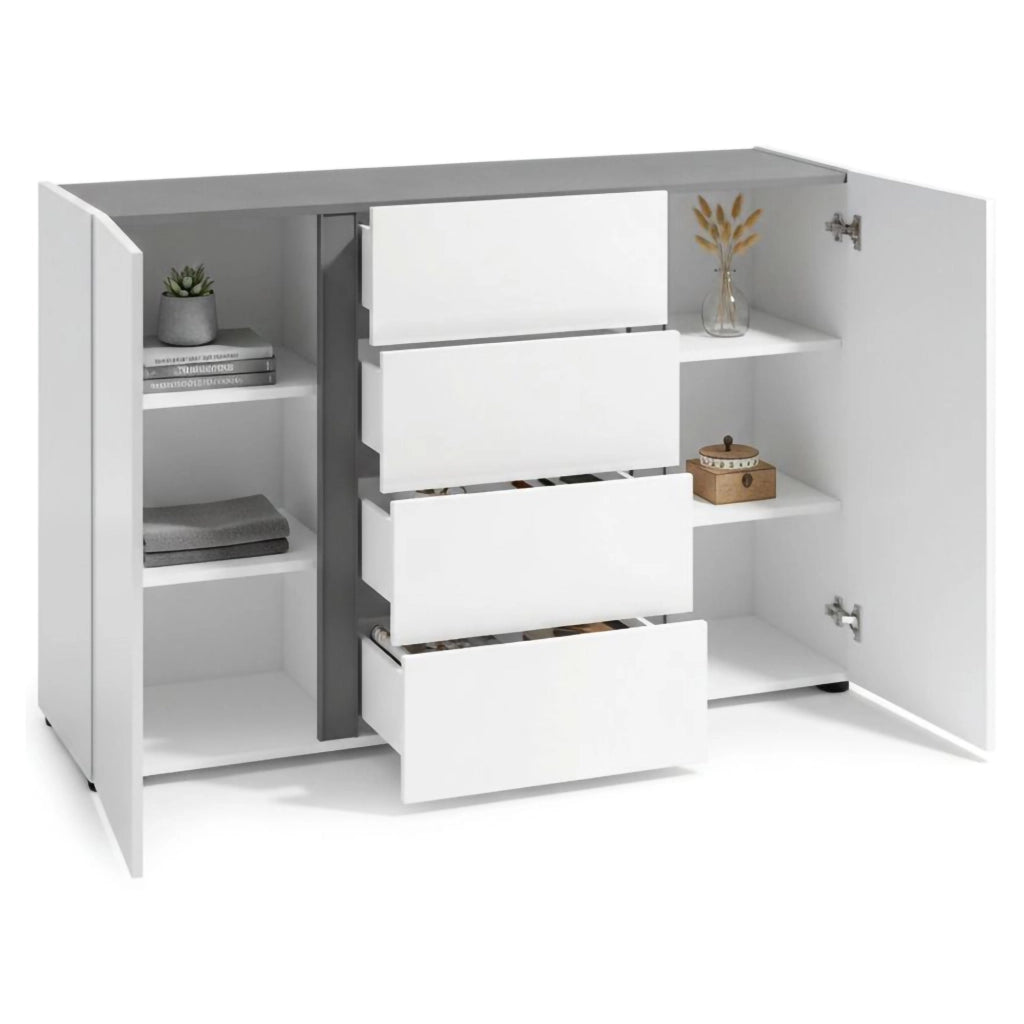 Credenza Ernesta, Buffet da soggiorno, Madia da salotto, Dispensa da cucina, Made in Italy, 140x38h92 cm, Bianco lucido e Antracite