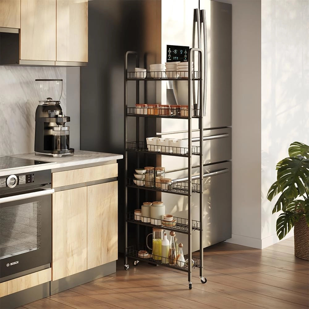 Piedistallo mobile Rolivo, Nero, 58 x 15 cm con 6 scomparti, posizionabile in modo flessibile su ruote per spazi stretti