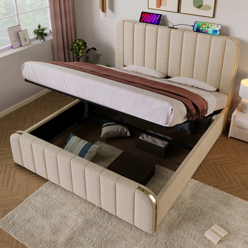 Letto Contenitore 180×200 cm; Letto Matrimoniale con USB; Tipo C e LED Regolabile; Senza Materasso; Beige