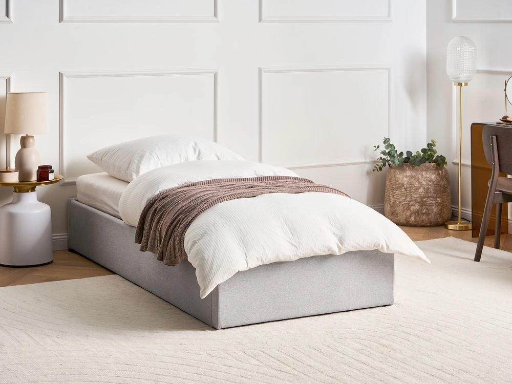 Letto singolo con contenitore in tessuto grigio chiaro 90 x 200 cm portaoggetti stile moderno