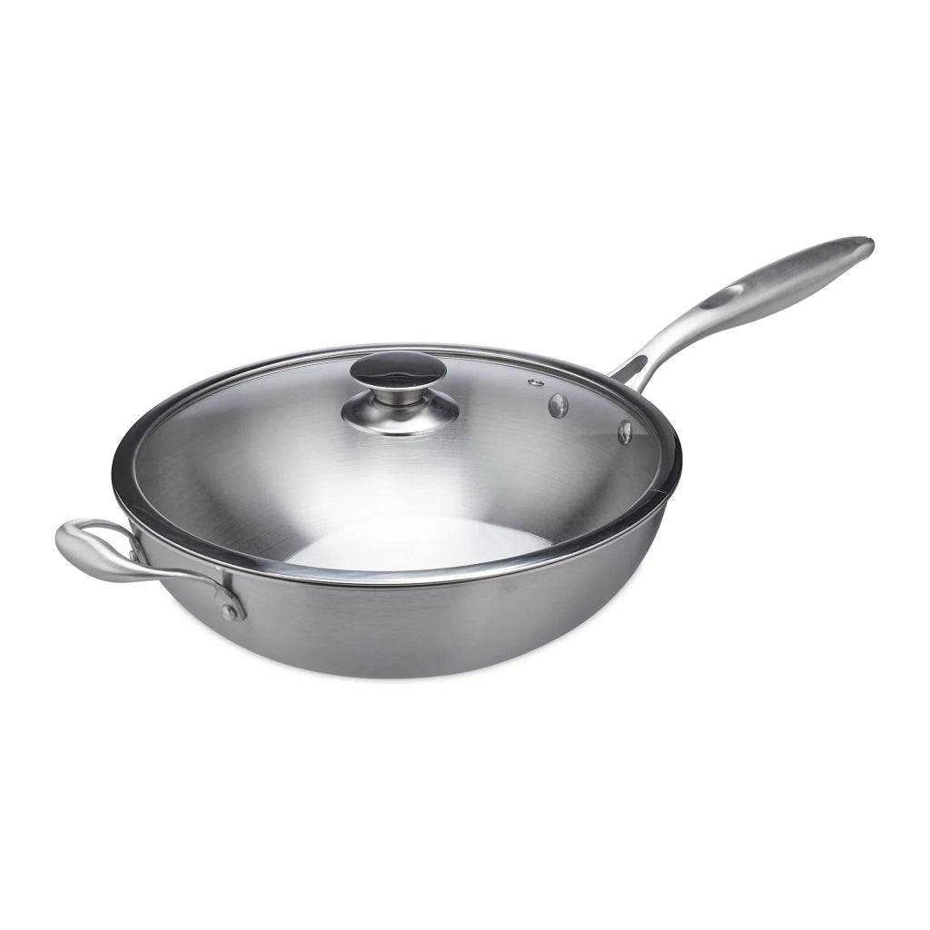 Wok con coperchio in vetro 30 x 30 x 10 cm ideale cottura rapida ricette asiatica stile moderno in acciaio inossidabile nero 13_0011069