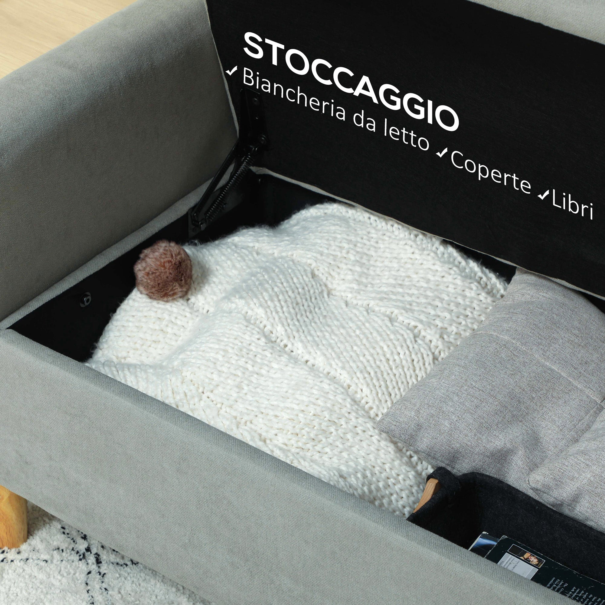 Divano 2 Posti 140x72x82 cm con Vano Contenitore Effetto Velluto Grigio