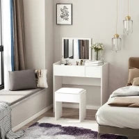 Tavolo da Trucco con Specchio Richiudibile, Tavolo da Trucco Moderno, con Sgabello, Vano Contenitore (4 Scomparti), MDF Bianco, 80x40x79 cm