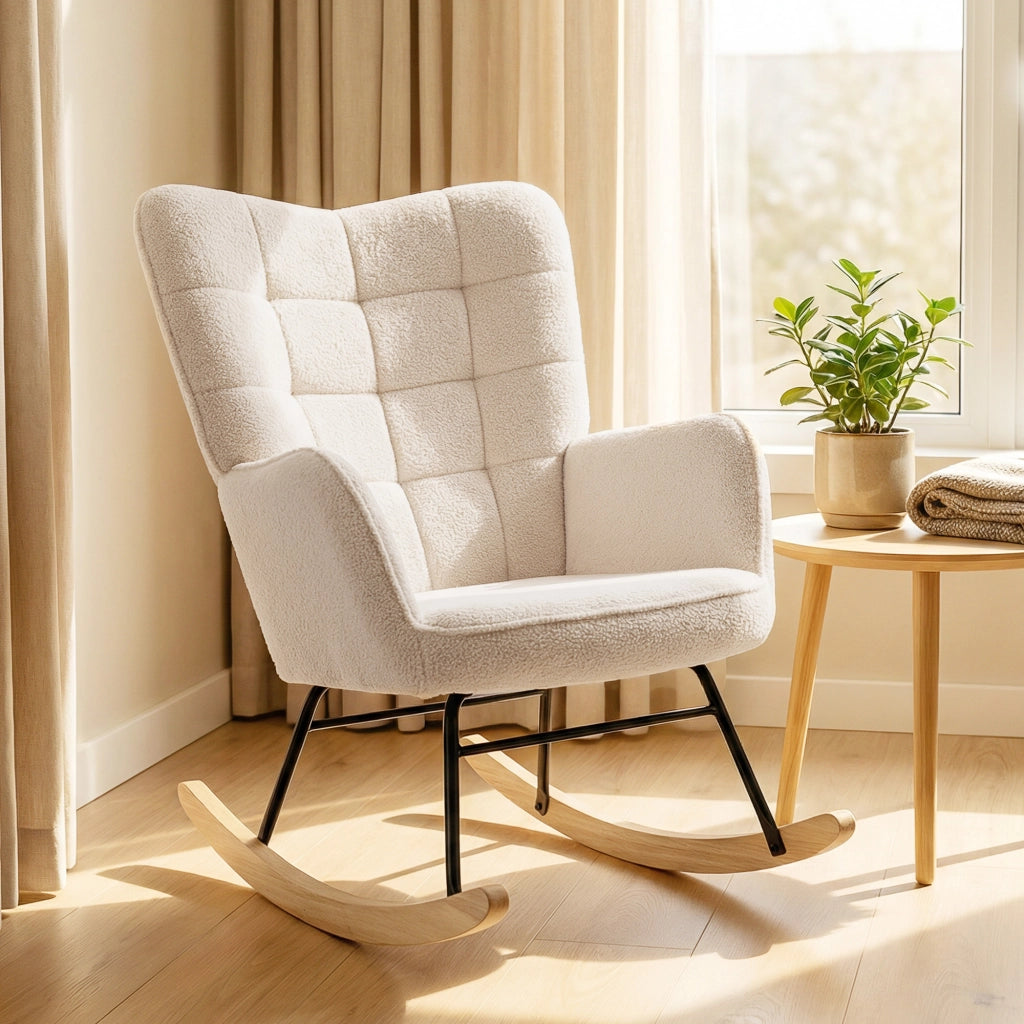 Poltrona a Dondolo Imbottita ¨C Zephmum ¨C Legno, Acciaio, Beige, 71x98x101 cm