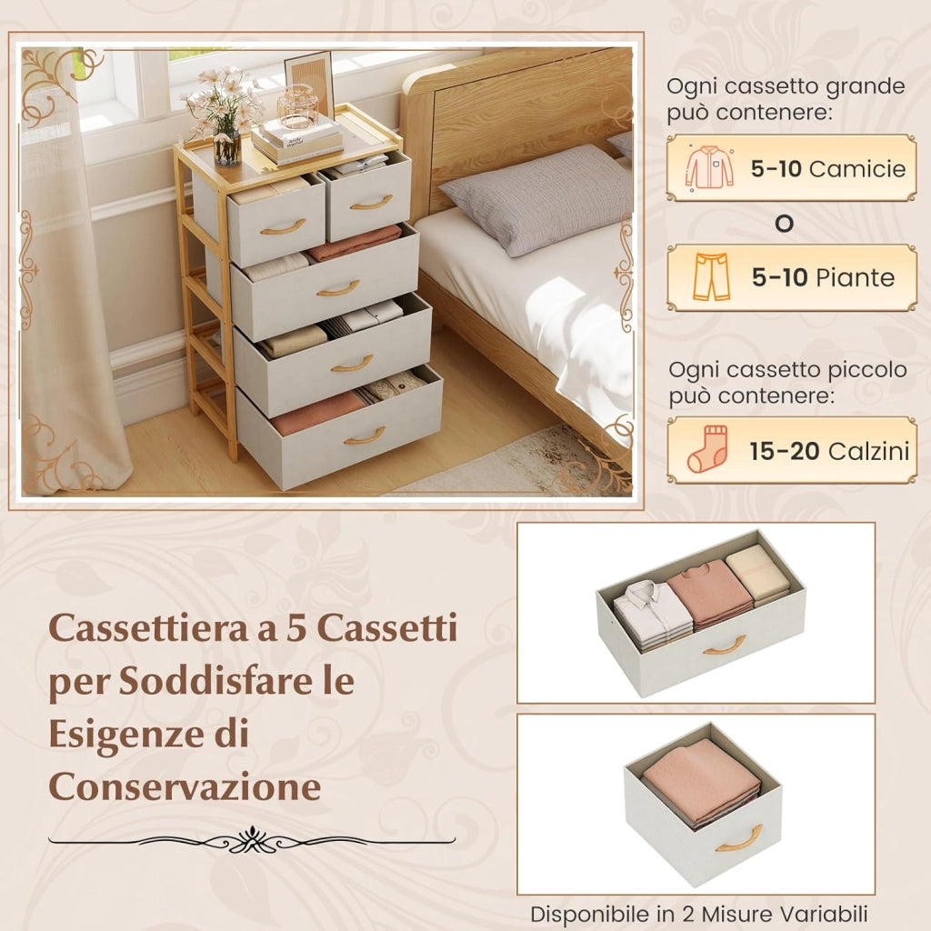 Cassettiera a 5 Cassetti, Torretta Contenitore in Bambù con 5 Cassetti Pieghevoli in Tessuto e Ripiano Superiore, Cassettiera Verticale Alta per Camera da Letto, Soggiorno, Naturale