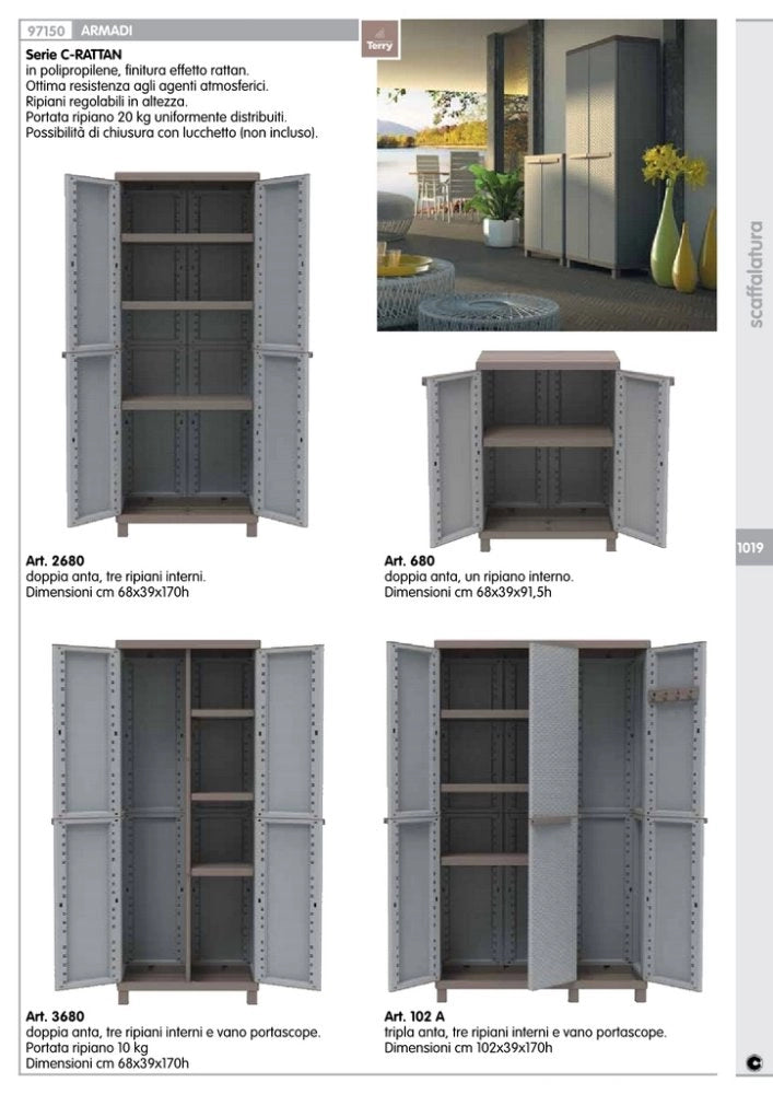 1pz armadio terry crattan 2ante 3 ripiani 68x39x170h con vano porta scope 3680 cod:ferx.91958
