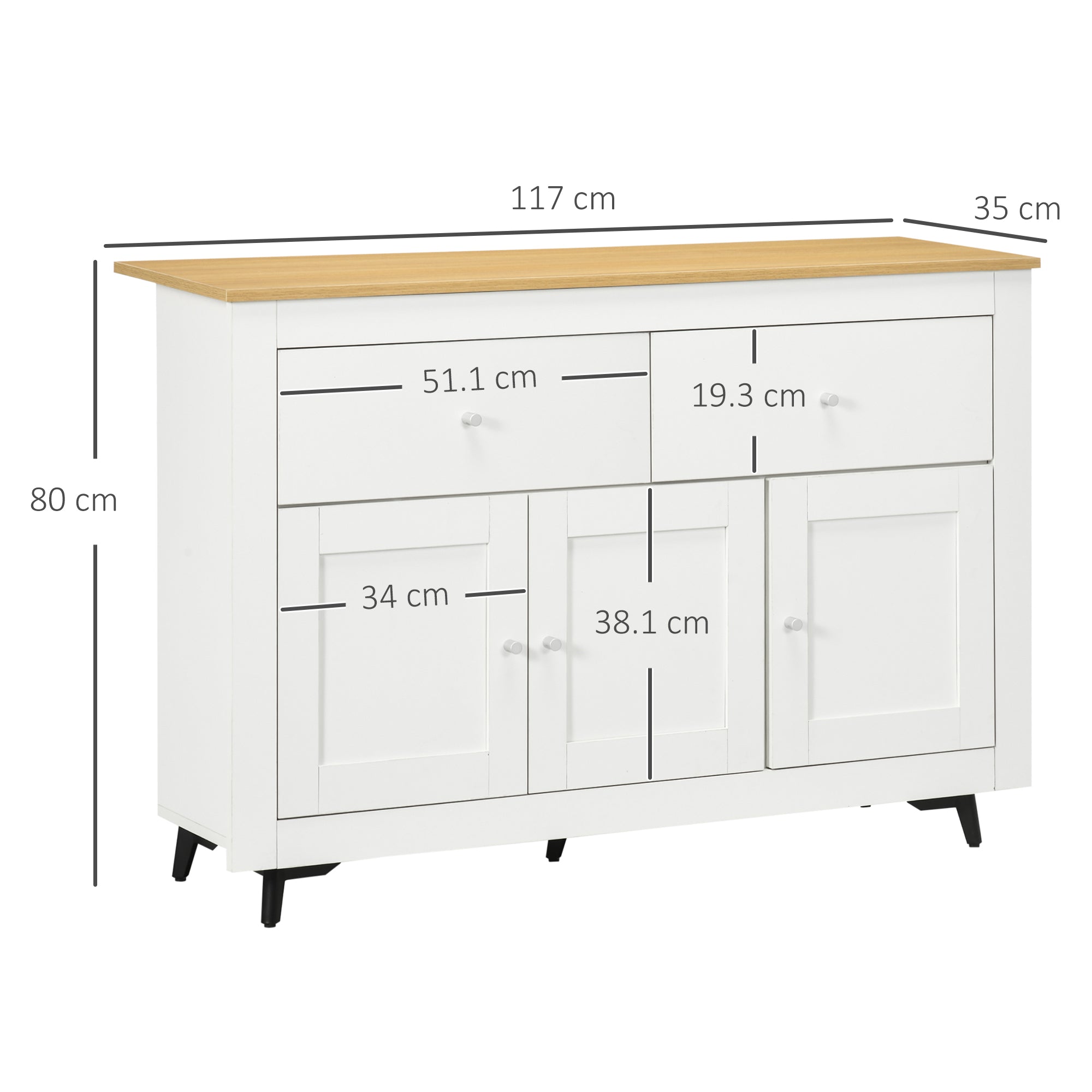 Credenza Buffet 117x35x80 cm con 2 Cassetti e 2 Armadietti in Legno Bianco e color Legno