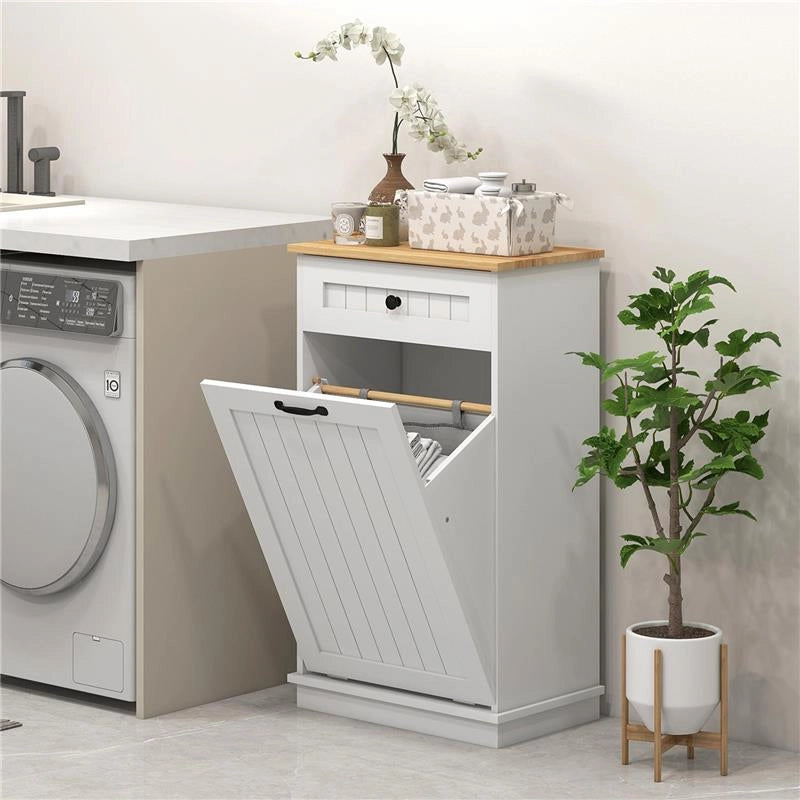 MOBILETTO BAGNO IN LEGNO CON CESTO PORTABIANCHERIA IN TESSUTO RIBALTABILE E CASSETTO BIANCO