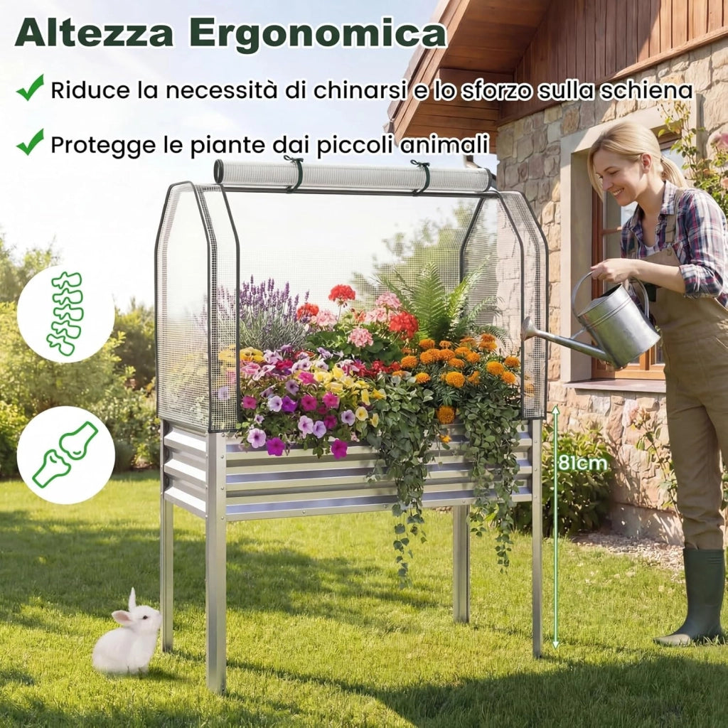 Orto Rialzato da Esterno con Serra, Fioriera Rialzata con Copertura in PE, Porta Avvolgibile con Cerniera e Guanti, Aiuola Rialzata per Verdure, Fiori e Frutta, 112 x 55 x 152 cm (Argento)