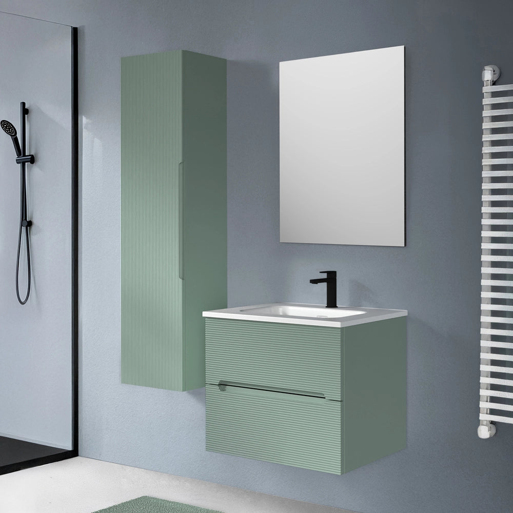 Mobile bagno sospeso 60 verde cannettato 2 cassetti lavabo e specchio Rigo
