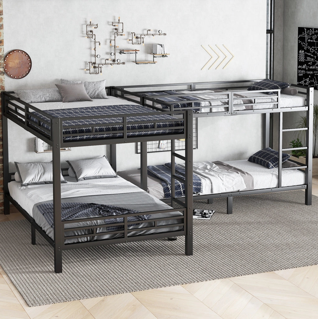 Letto a castello ULEVR 90x200 e 140x200 cm in ferro nero con rete a doghe e scala a 3 gradini