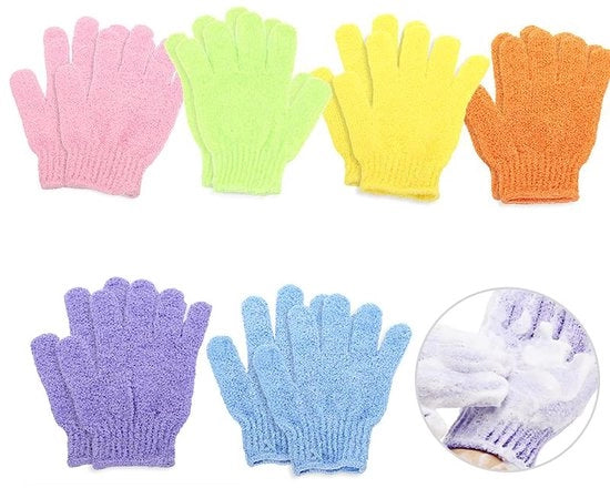 Set di guanti esfolianti da 6 paia, guanti da doccia, set di spazzole esfolianti, guanti esfolianti per bagno, doccia, spa, corpo, massaggi, rimuove pelle morta (rosa, blu, verde, giallo, viola)