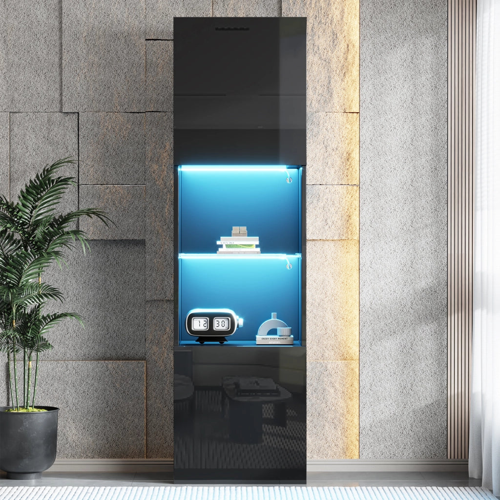 Vetrina a LED nera lucida - Zephmum- 45x35x160 cm- 1 ripiano in vetro