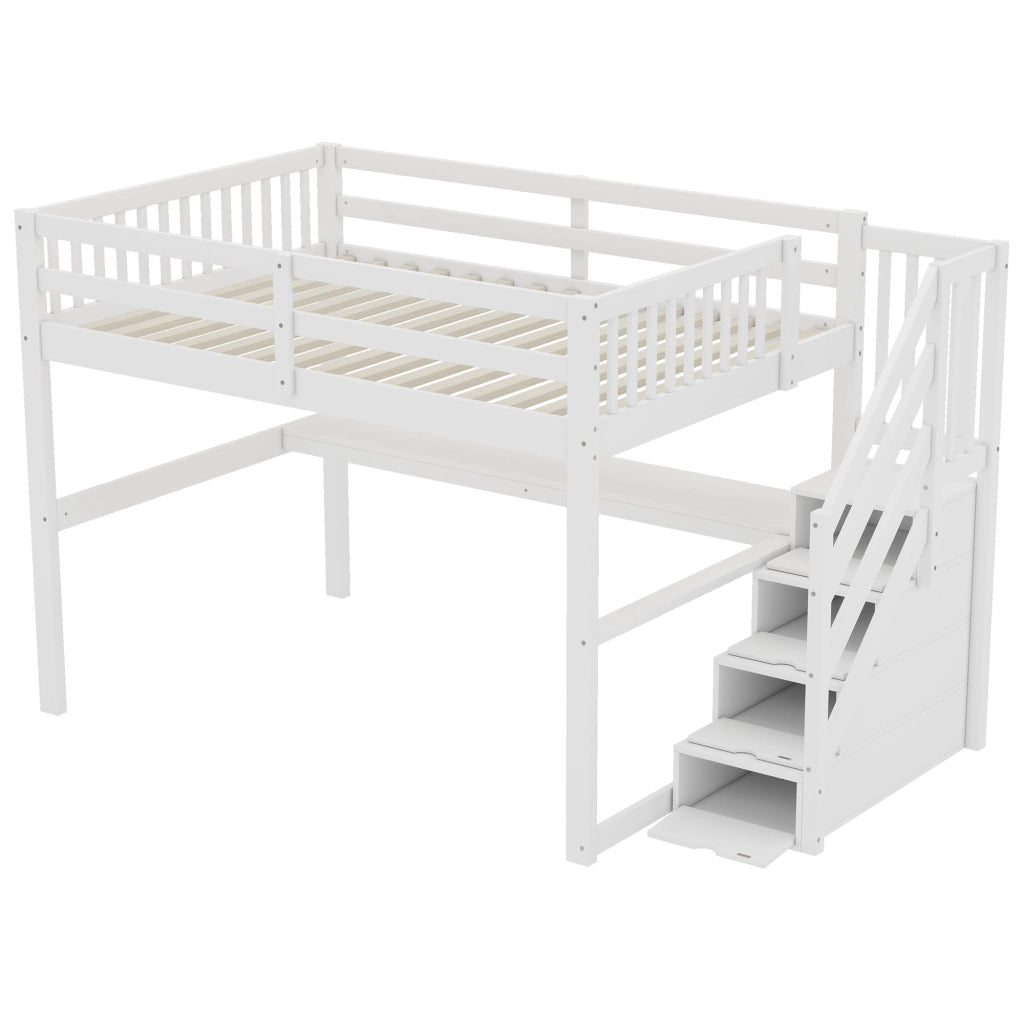 Letto a castello bianco in pino con cassetti portaoggetti e scrivania sottostante 140x200 cm