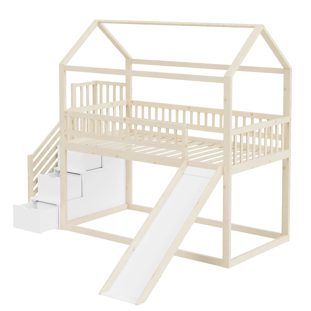 Letto a Soppalco 90x200 cm; Letto Singolo - con Scivolo e Scala Contenitore - in Legno
