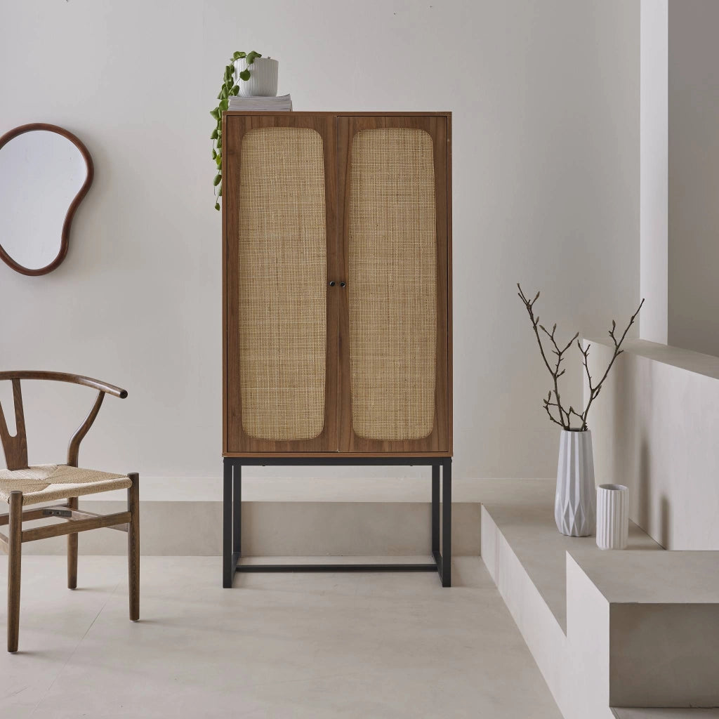 Credenza a 2 ante in canna e legno, 165cm, marrone naturale