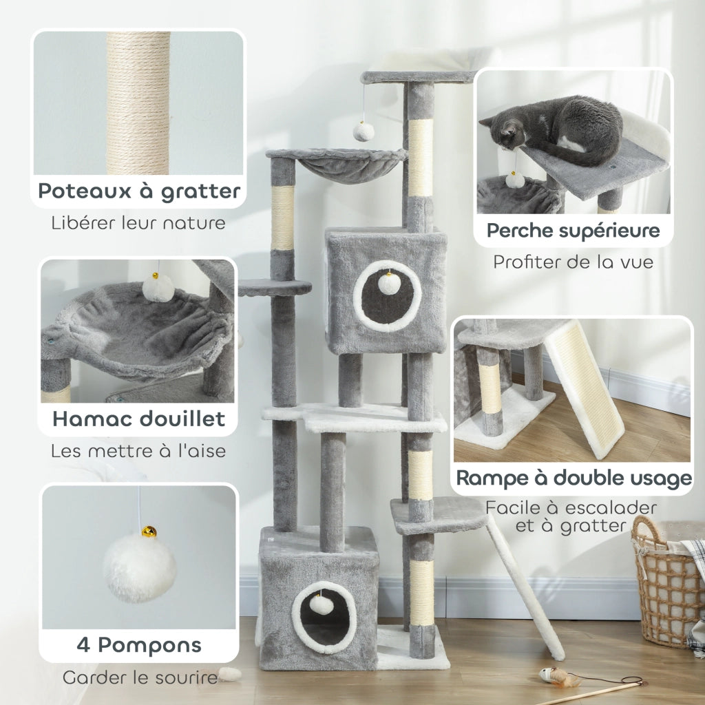 Tiragraffi per Gatti ¨C Xylo ¨C 165 cm grigio con 2 cucce, amaca, scala e 4 pompon