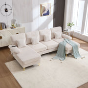 Divano a U in velluto beige con illuminazione LED, porta USB-C, struttura in legno massello e cuscini morbidi