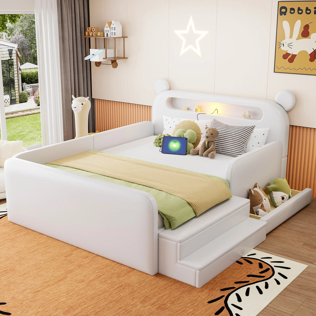 Letto imbottito per bambini con testiera a orso e USB, 140x200 cm, bianco